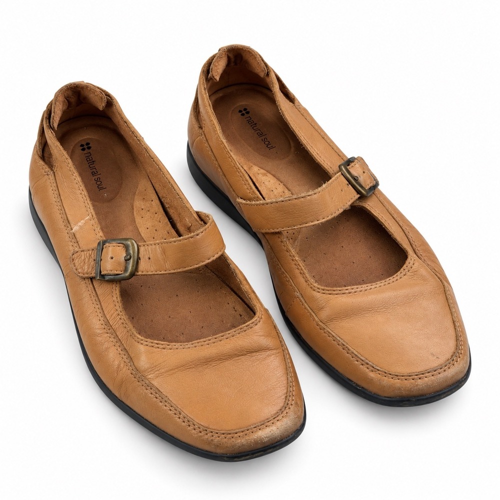 Naturalizer Vintage Tan Leather Mary Jane Flats Buckle Strap Women's Size 9.5